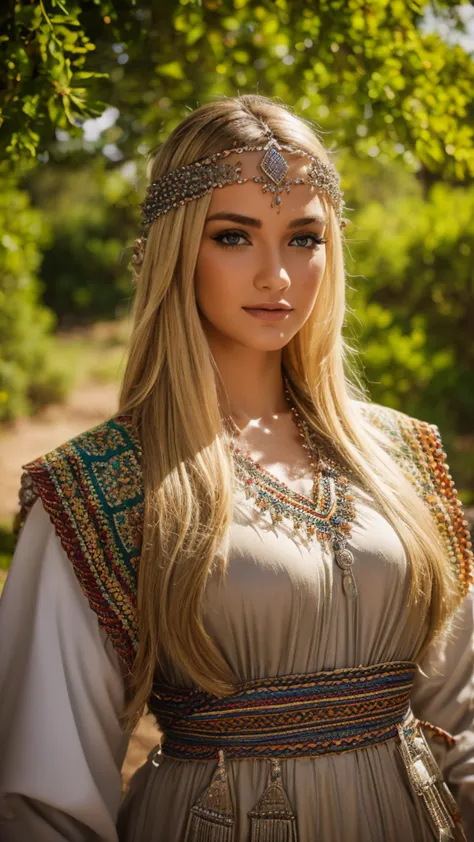 most beautiful german blonde lady, wearing kabyle robe, kabyledress, amazigh, berber, kabyleoitfits, bijoux, nature background, ...