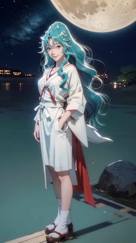 Tomoe, 1 girl, red eyes, long aqua hair, Sailor Suit, standing on the moon, earth in background, space, Star, Confident smile.