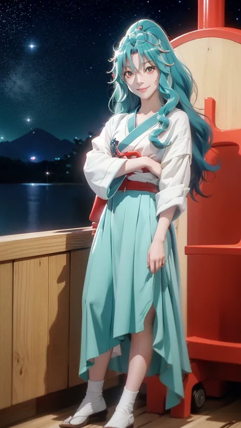 Tomoe, 1 girl, red eyes, long aqua hair, Sailor Suit, standing on the moon, earth in background, space, Star, Confident smile.