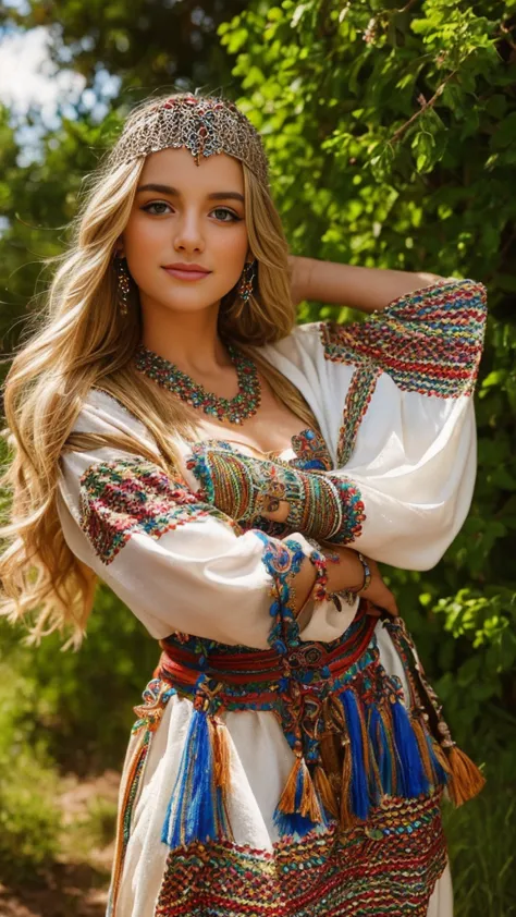 beautiful cute german blonde, perfect face, robe kabyle, bijoux, berber style, kabyledress, robe, amazigh, nature blured backgro...