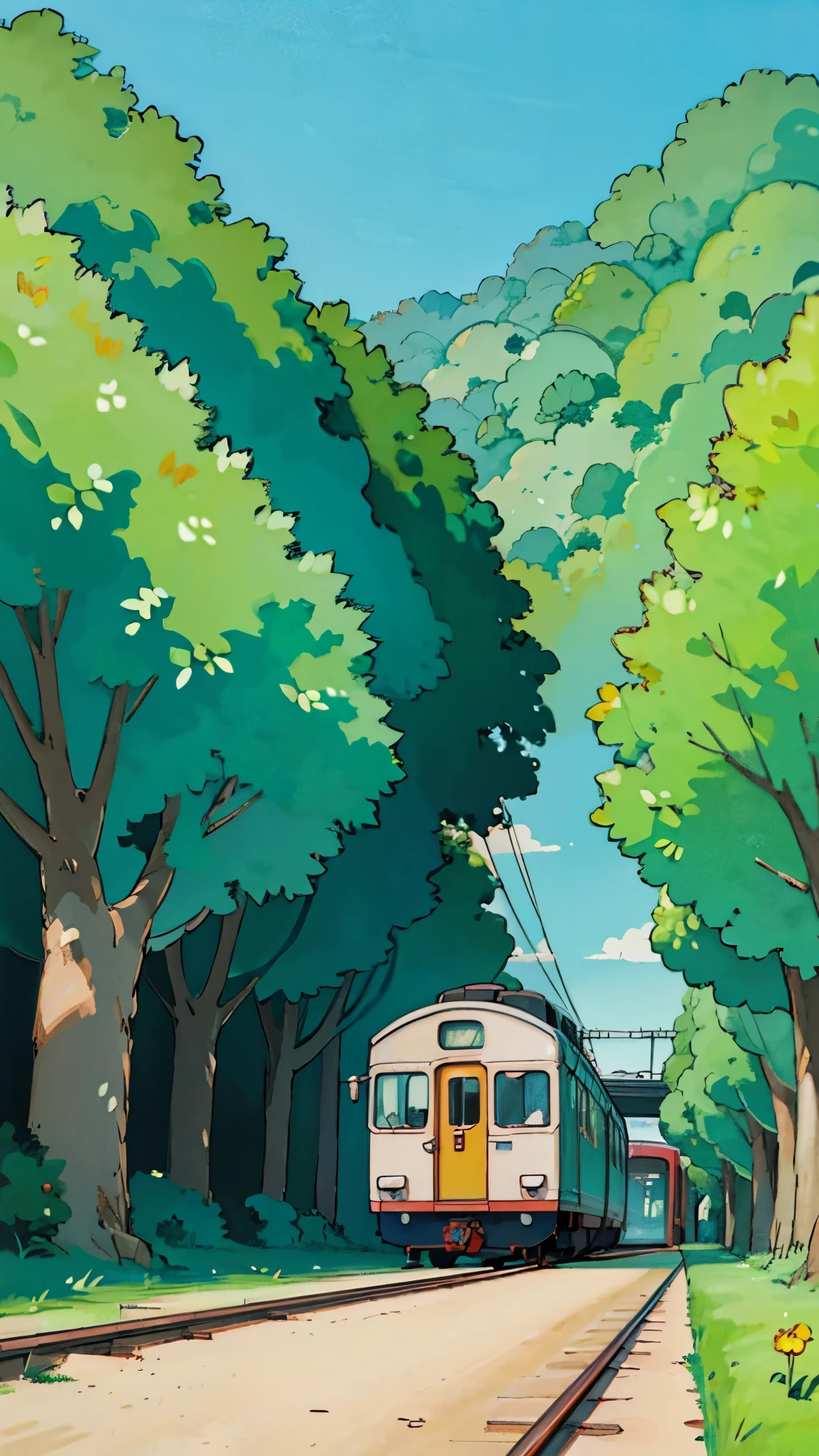 (masterpiece:1.2, Highest quality),(Very detailed),(((Anime Style))),8k,wallpaper,A single-car train runs through a rural area,front,From below,(((Ghibli style)))