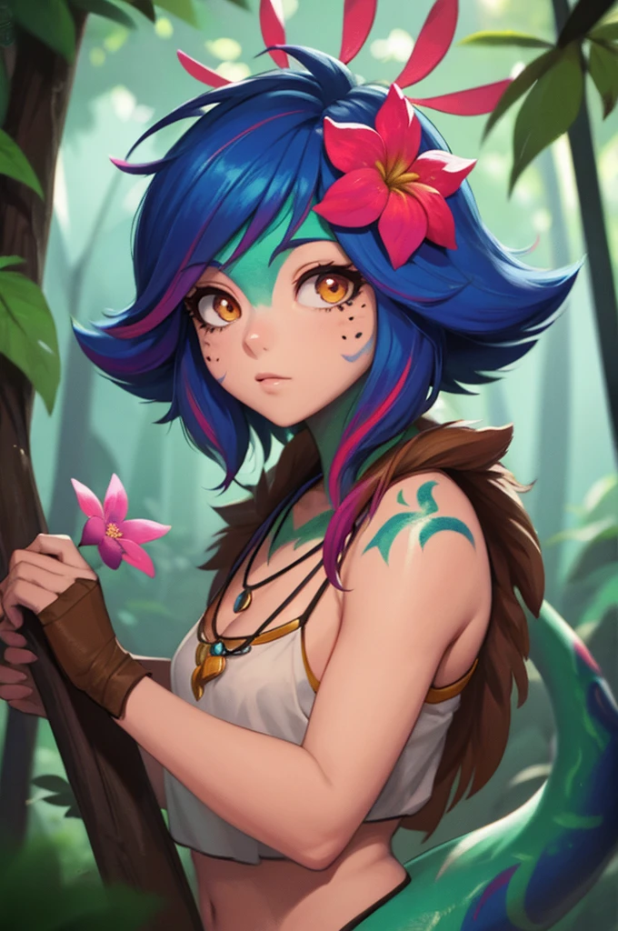 masterpiece,(best quality,top quality,8k),ultra detailed,illustration,painting,detailed eyes and face,anime style,(1girl),neeko, multicolored hair, colored skin,(short hair), facial mark, forehead mark, hair ornament, hair flower, necklace, brown crop top, Lizard tail,sleeping,(looking at viewer),(puffy eyes) ,good contrast , high sharpness,(gorgeous),RAW Photography,(hyperdetailed),jungle,forest,river