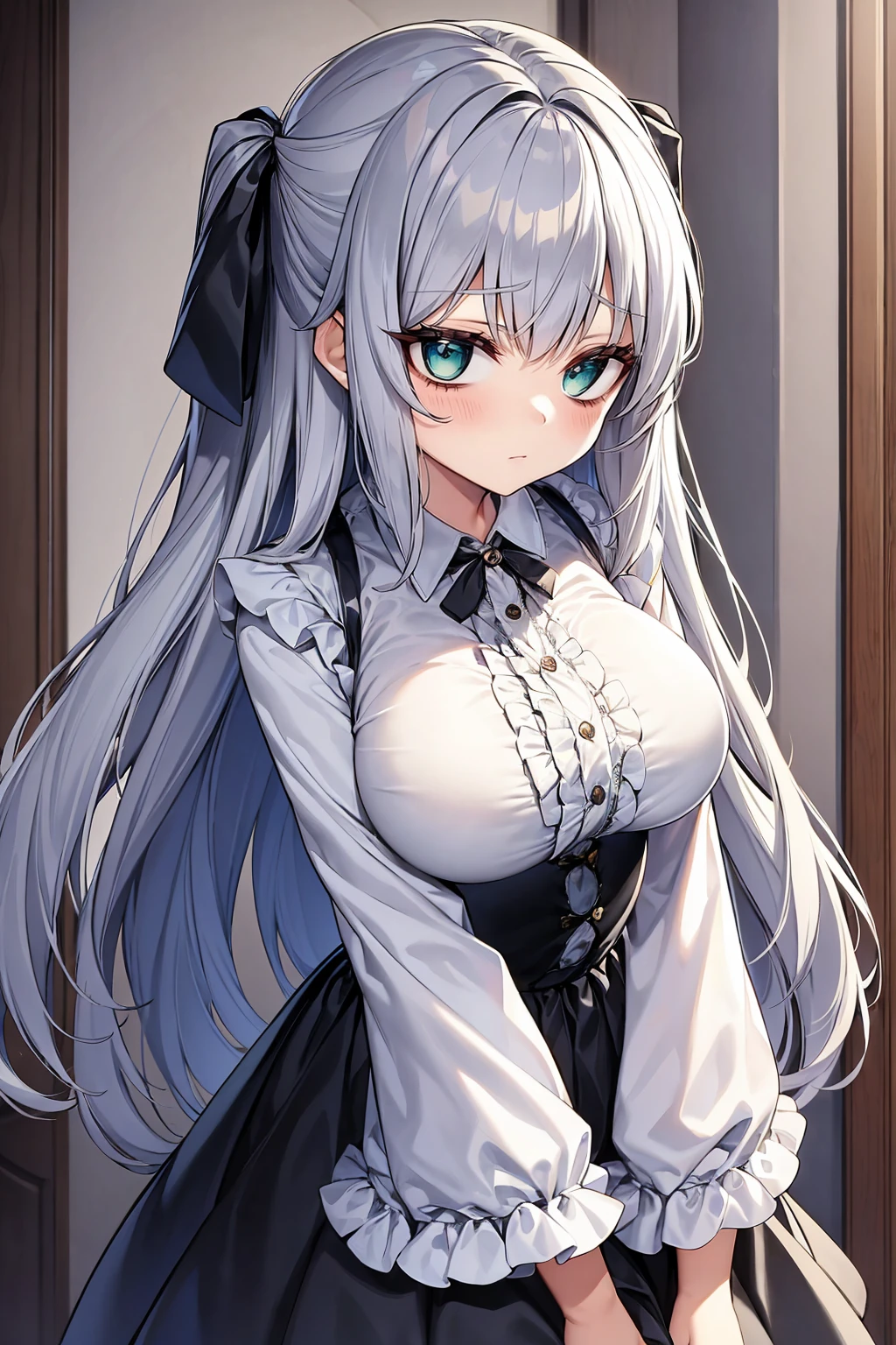 silver-hair,long-hair,silver-hair,green-eyes,dark-makeup,big-breast,白いFrilled shirt、Frilled shirt、black-ribbon-skirt