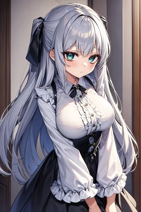 silver-hair,long-hair,silver-hair,green-eyes,dark-makeup,big-breast,白いfrilled shirt、frilled shirt、black-ribbon-skirt