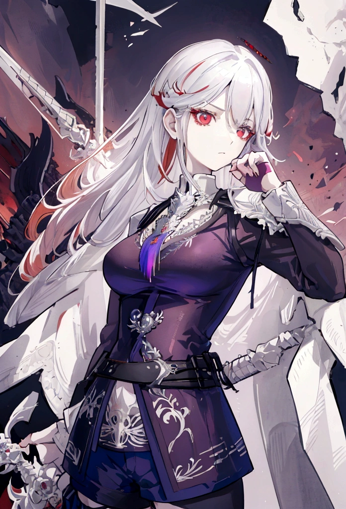 a woman with white hair and red streaks, neutral facial expression, detailed red eyes, holding a large ornate purple sword, detailed eyes, extremely detailed sword, cinematic dramatic lighting, fantasy, concept art
