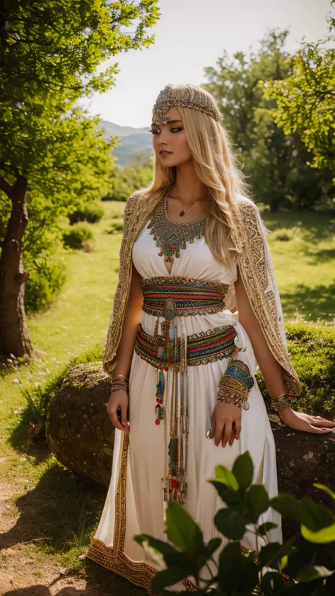 most beautiful german blonde lady, wearing kabyle robe, kabyledress, amazigh, berber, kabyleoitfits, bijoux, nature background, ...