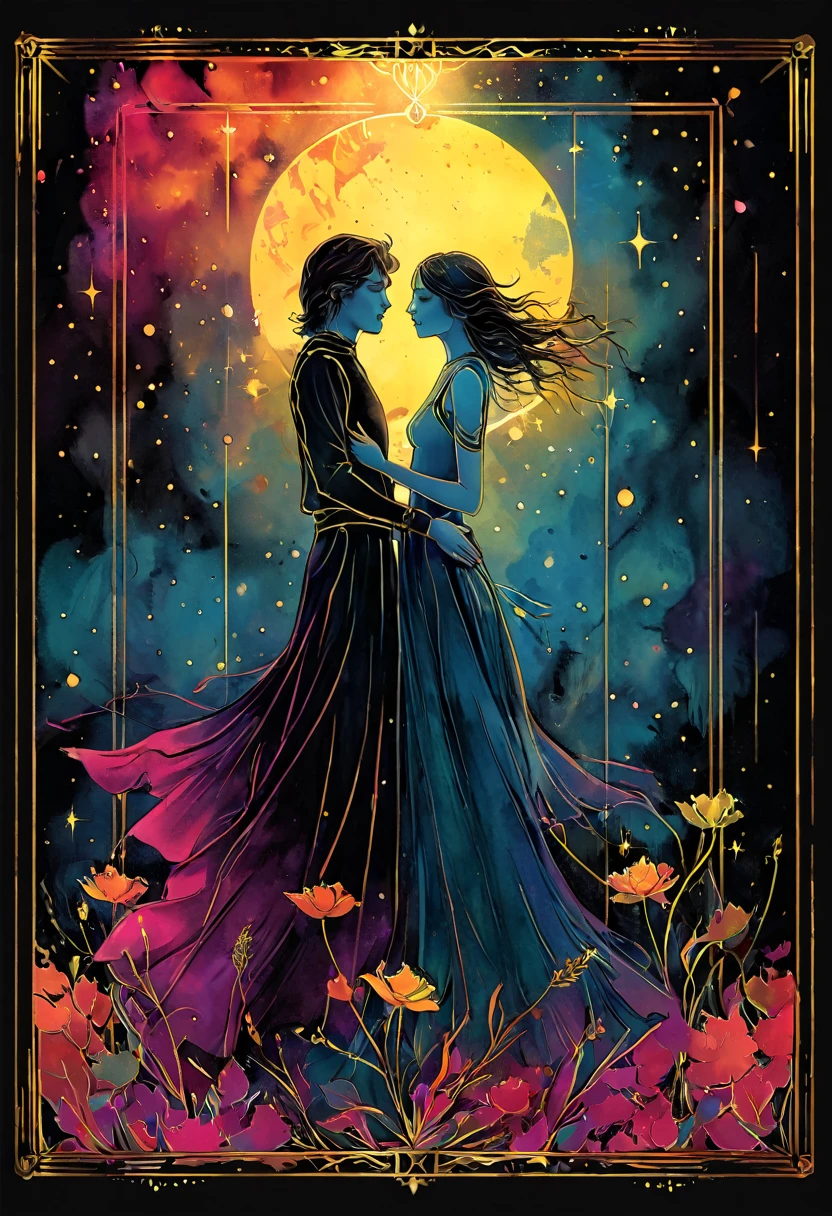 tarot card, a card, card : "THE LOVERS", tarot card frame,vivid colors (art inspired by Bill Sienkiewicz).
