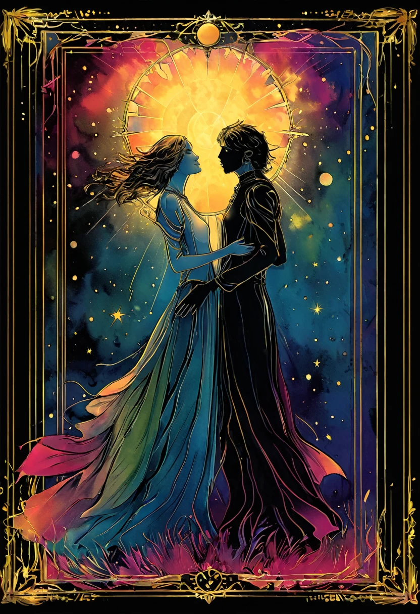 tarot card, a card, card : "THE LOVERS", tarot card frame,vivid colors (art inspired by Bill Sienkiewicz).
