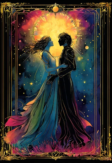 tarot card, a card, card : "the lovers", tarot card frame,vivid colors (art inspired by bill sienkiewicz).