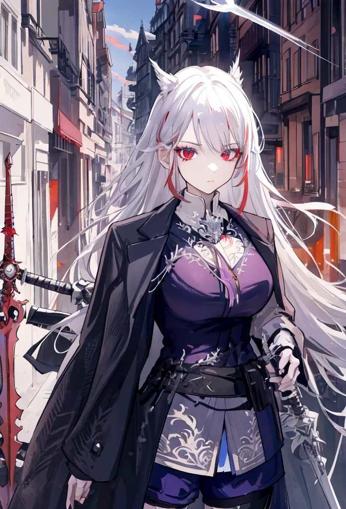 a woman with white hair and red streaks, neutral facial expression, detailed red eyes, holding a large ornate purple sword, deta...