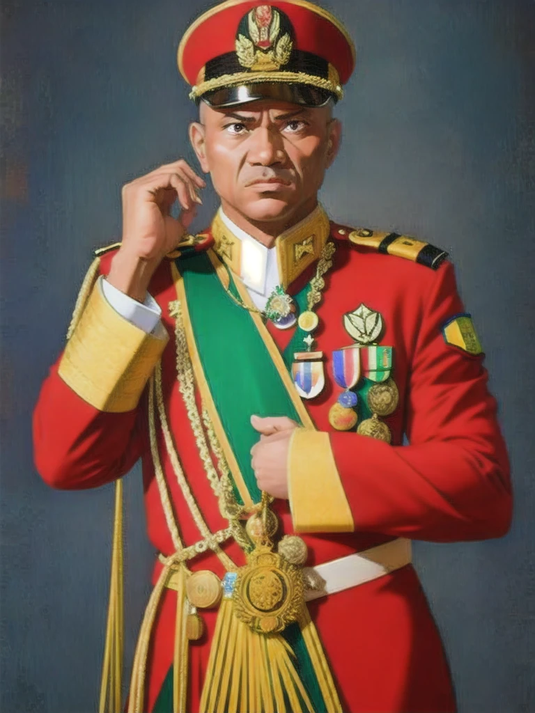 Detailed and realistic portrait of angry General Oligui, vieux,en tenue militaire, with many medals, soft, dim light, 8k
