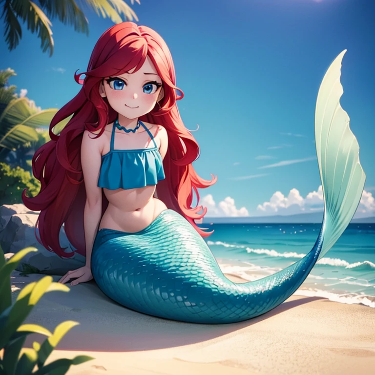 ruby, mermaid, 1 girl, Teenage, Long Red hair, Medium Hair, Blue eyes, bare shoulders, medium breast, aqua ruffle crop top, mermaid tail, scales on the mermaid’s tail, mermaid sitting on the beach, over the sea, beautiful purple sunset at beach, Sexy, masterpiece, High quality. 2D illustration, 2D flat, sit down, Masterpiece, 8K, HDR, portrait, seductive smile, mouth open