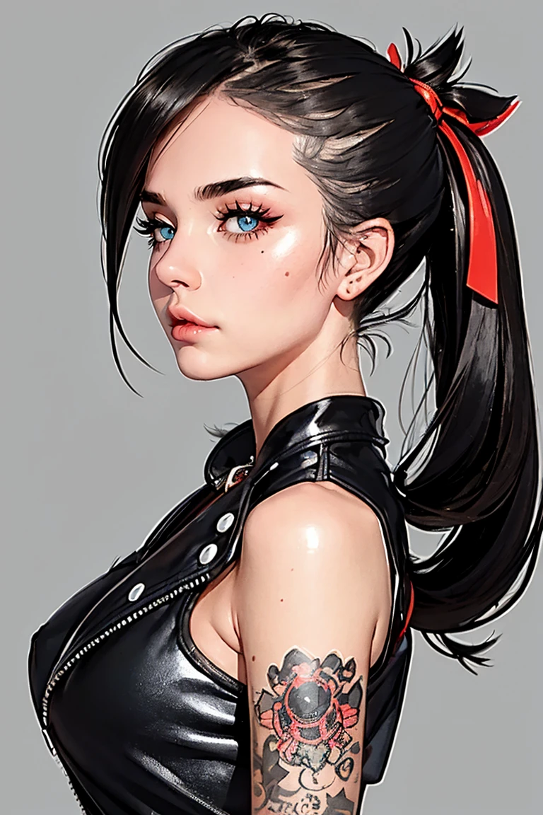 gros plan du visage, Marnie (Pokémon), punk, succube, Beaux yeux, yeux aqua, foulard, ruban rouge, frange latérale, cheveux noirs, cheveux volumineux, queues de cheval latérales, Veste lettrée noire, robe rose, vêtements déchirés, gros seins, Londres, fond, (beau visage détaillé, beaux yeux détaillés), contraste élevé, (meilleur éclairage, un extrêmement délicat et beau), ((caustique, Sexy, charmant, séduisant)), femme britannique, bras baissés, haut du corps, adulte, 26 ans.