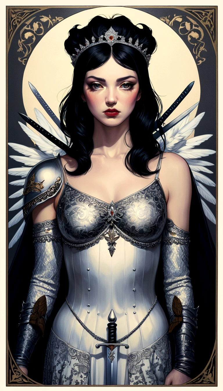 tarot card, chiaroscuro technique on sensual illustration of an queen of sword, Piercing Gaze, vintage queen, eerie, matte painting, by Hannah Dale, by Harumi Hironaka, extremely soft colors, hint of silver, highly detailed, digital artwork, high contrast, dramatic, refined, tonal, highest quality，anatomy correct，ultra-wide-angle，depth of fields, representing her ability to adapt in challenging situations, a small eagle, Focus on a color palette