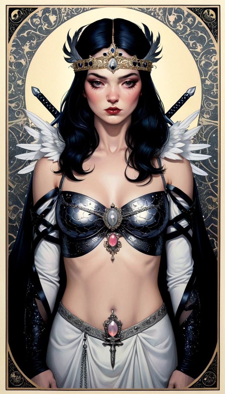 tarot card, chiaroscuro technique on sensual illustration of an queen of sword, Piercing Gaze, vintage queen, eerie, matte painting, by Hannah Dale, by Harumi Hironaka, extremely soft colors, hint of silver, highly detailed, digital artwork, high contrast, dramatic, refined, tonal, highest quality，anatomy correct，ultra-wide-angle，depth of fields, representing her ability to adapt in challenging situations, a small eagle, Focus on a color palette