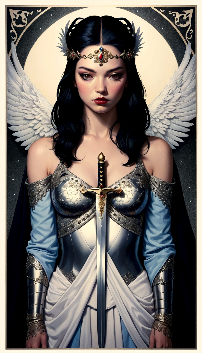 carte de tarot, technique du clair-obscur sur l&#39;illustration sensuelle d&#39;une reine d&#39;épée, regard perçant, reine vintage, sinistre, Peinture mate, par Hannah Dale, par Harumi Hironaka, couleurs extrêmement douces, un soupçon d&#39;argent, très détaillé, oeuvre numérique, Contraste élevé, Spectaculaire, raffiné, tonal, la plus haute qualité，anatomie correcte，ultra grand angle，profondeur de champs, représentant sa capacité à s’adapter dans des situations difficiles, un petit aigle, Focus sur une palette de couleurs