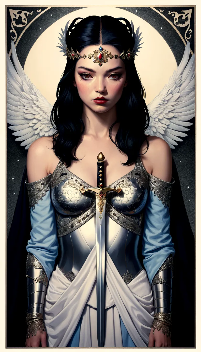 tarot card, chiaroscuro technique on sensual illustration of an queen of sword, Piercing Gaze, vintage queen, eerie, matte paint...