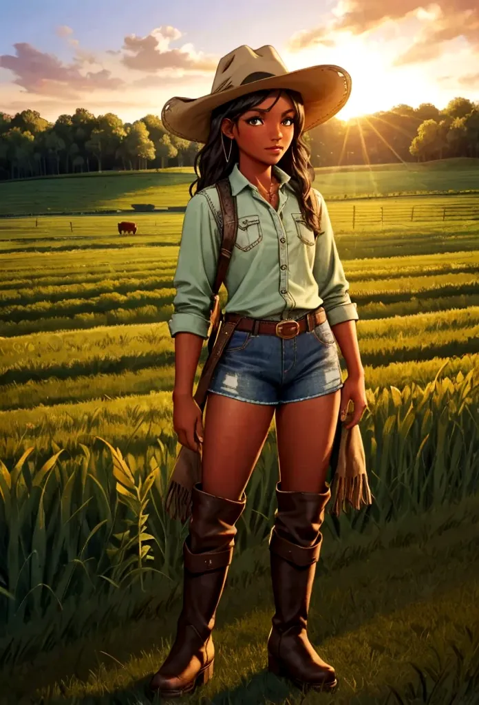 ebony, brunette skin, farm girl, cowboy hat, farm background, teenage, boots, cowgirl, farm fem clothes