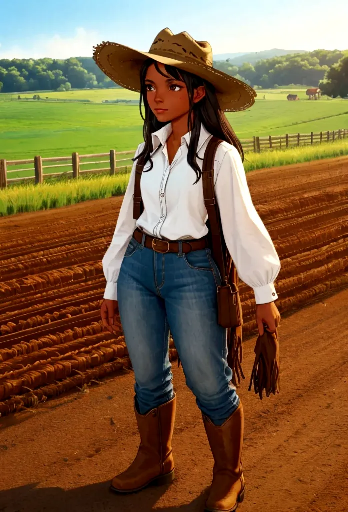 ebony, brunette skin, farm girl, cowboy hat, farm background, teenage, boots, cowgirl, farm fem clothes