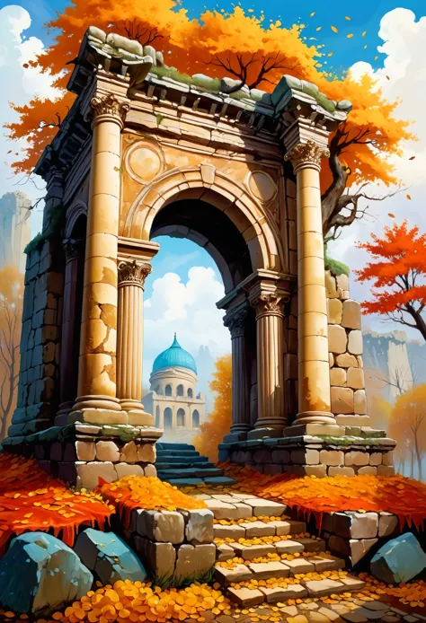 , Late autumn ruins, high quality, Very detailed, illustration, Dough, canvas, painting, fantasy,
