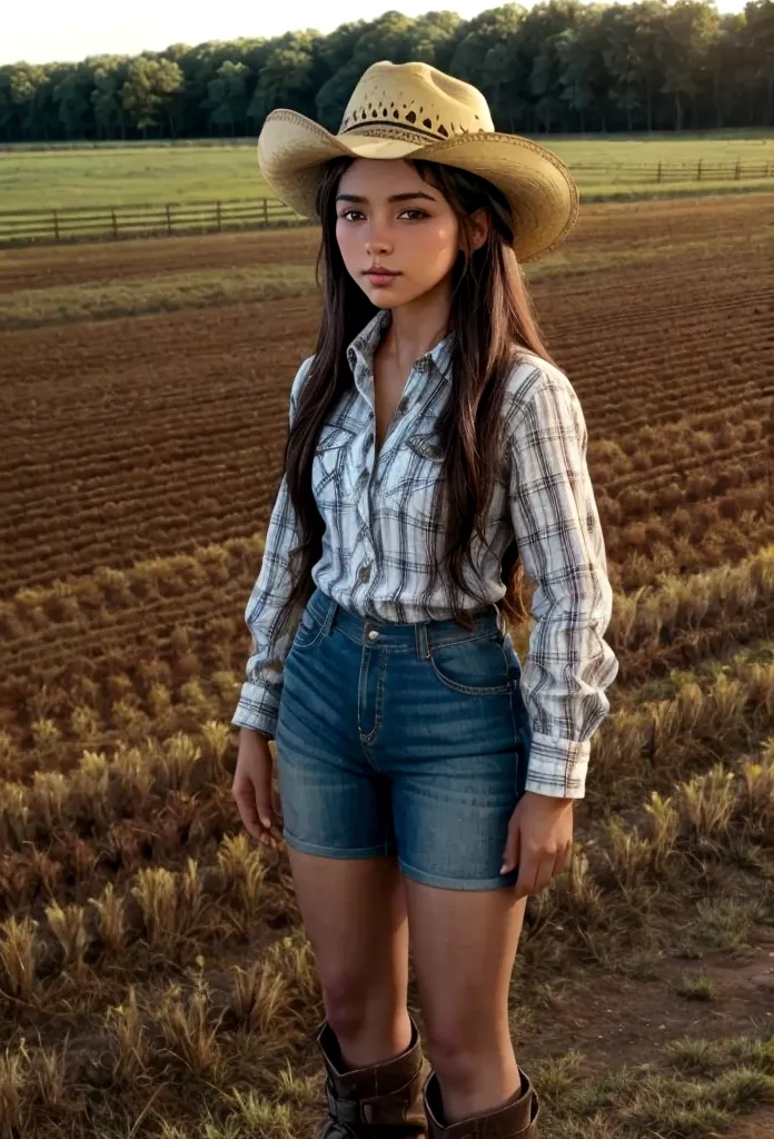 ebony, brunette skin, farm girl, cowboy hat, farm background, teenage, boots, cowgirl, farm fem clothes