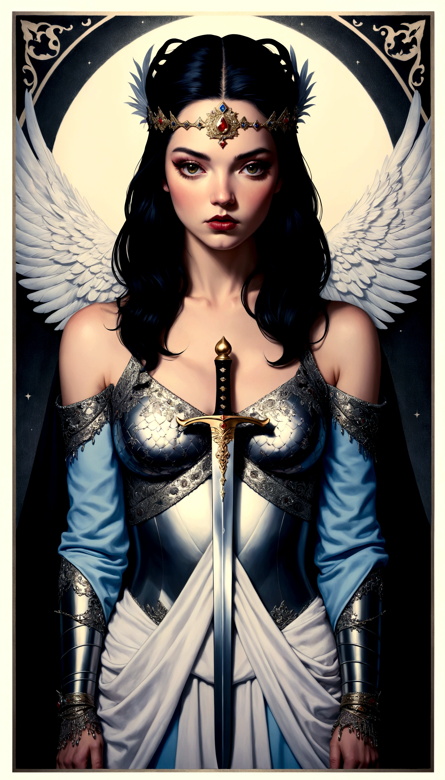 tarot card, chiaroscuro technique on sensual illustration of an queen of sword, Piercing Gaze, vintage queen, eerie, matte painting, by Hannah Dale, by Harumi Hironaka, extremely soft colors, hint of silver, highly detailed, digital artwork, high contrast, dramatic, refined, tonal, highest quality，anatomy correct，ultra-wide-angle，depth of fields, representing her ability to adapt in challenging situations, a small eagle, Focus on a color palette