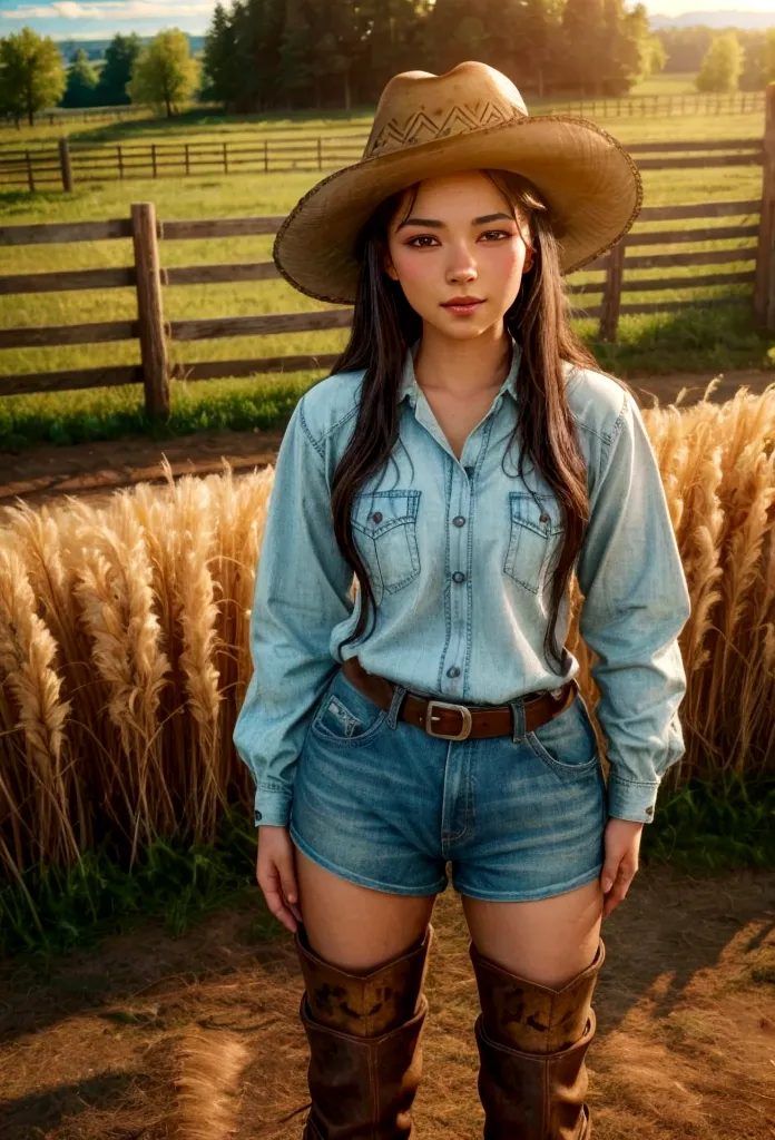 a beautiful teenage farm girl with ebony skin and brunette hair, wearing a cowboy hat, cowgirl outfit, and boots, in a rustic fa...