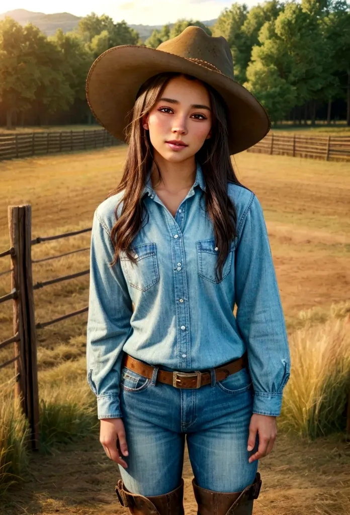 a beautiful teenage farm girl with ebony skin and brunette hair, wearing a cowboy hat, cowgirl outfit, and boots, in a rustic fa...