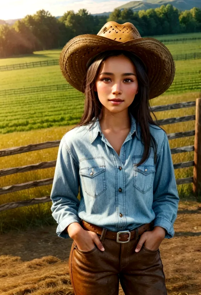 a beautiful teenage farm girl with ebony skin and brunette hair, wearing a cowboy hat, cowgirl outfit, and boots, in a rustic fa...