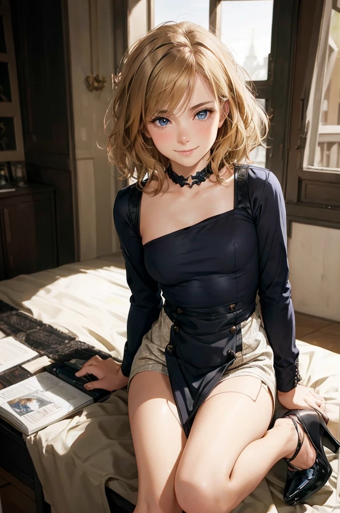 Highest quality, Face focus, Soft Light, Ultra-high resolution, (Realistic:1.4), RAW Photos, 1 Caucasian Girl, alone, cute, (A shy smile:0.5), (Blue eyes, Eye light), Detailed beautiful face, (Small box),(High resolution detail of human skin texture), (Short wavy bob hair,blonde), break, secretary,In the study,suit, Tight Skirt, Black Stockings,High heels,machine,The afterglow of sex,Leg spread,Flowing semen,A kind smile