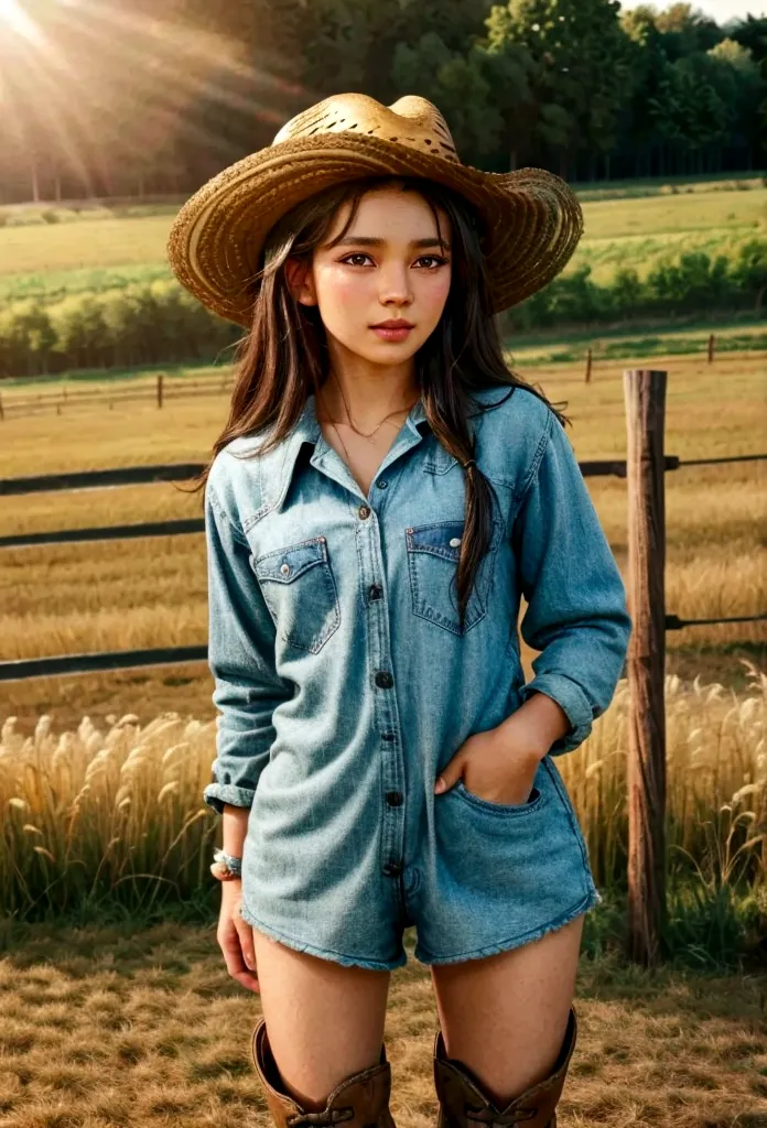 a beautiful teenage farm girl with ebony skin and brunette hair, wearing a cowboy hat, cowgirl outfit, and boots, in a rustic fa...