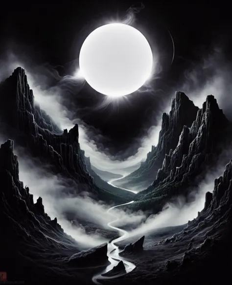 black background ,mist , anguish, valley , eclipse, Spirits, 