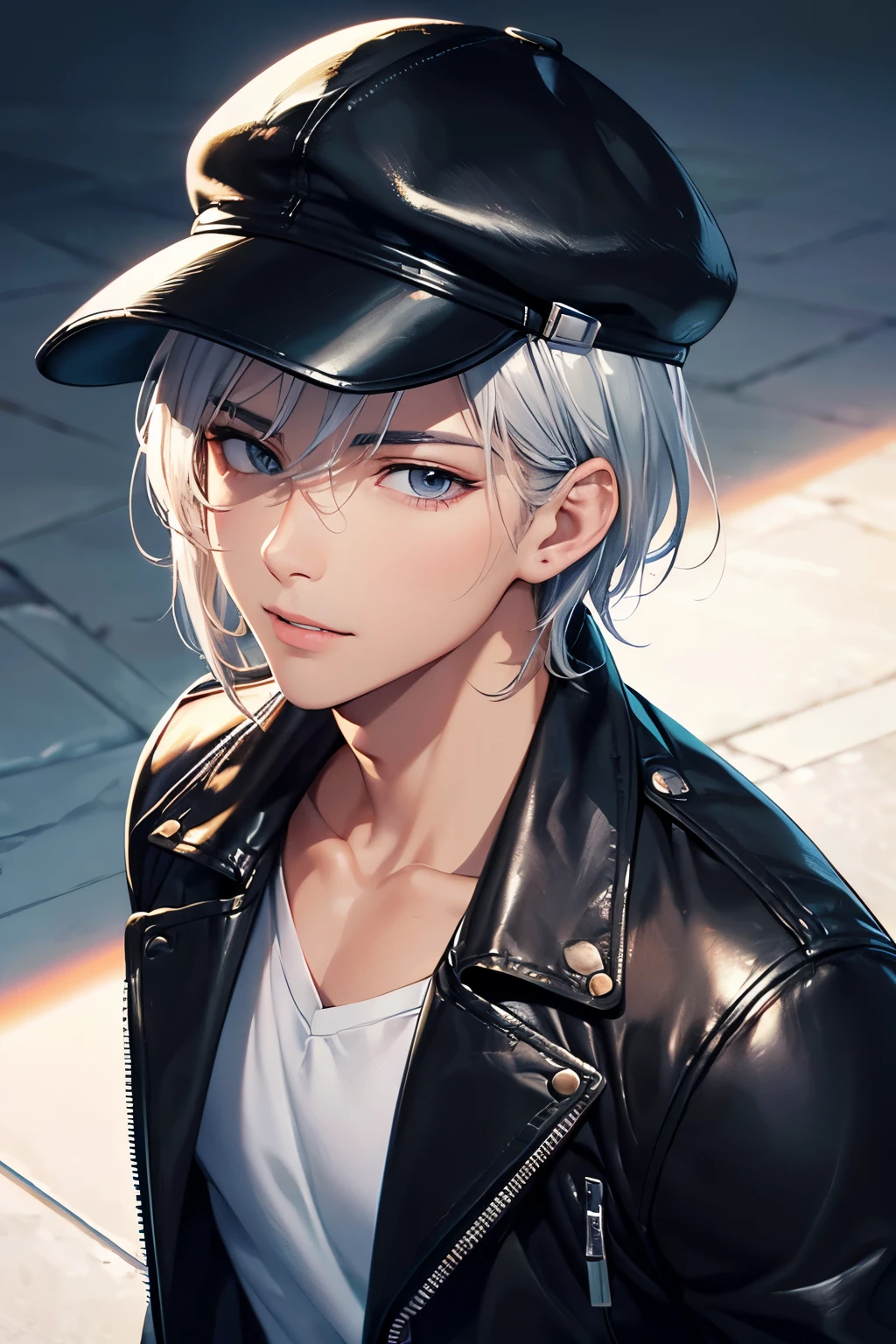 Handsome young man wearing a leather jacket, wearing a cap, with silver hair, holding ice cream, silver messy hair, handsome, (8k, RAW photo, photorealistic:1.25) ,( lipgloss, eyelashes, man, gloss-face, glossy skin, dark skin, dark snik, male, best quality, ultra highres, young man, depth of field, chromatic aberration, caustics, Broad lighting, natural shading,Kpop idol) looking at viewer with a serene and god-like happiness,
