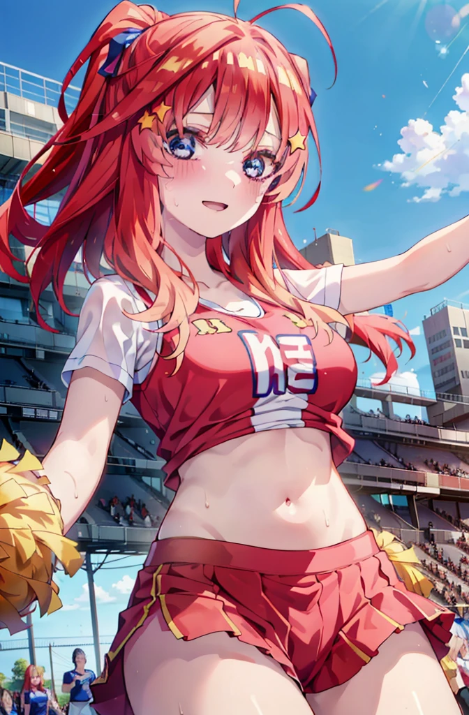 itsukinakano, Itsuki Nakano, bangs, blue eyes, hair between eyes, Ahoge, Redhead, star \(symbol\), happy smile, smile, Open your mouth,hair ornaments, star hair ornaments,(cheer leading), (whole body), Big Breasts, Lower, (Sweaty), Sweaty Wet Clothes (Red clothes),  No sleeve,Belly button support, playground, (Jump), (Jump), 足を曲げてJumpする, air, blue sky, Grass原, smileのチアリーダー, Pom-pom \(cheer leading\), Grass, whole bodyがイラストに入るように,crowd, people々々,
break outdoors, Stadium,
break looking at viewer, whole body,
break (masterpiece:1.2), Highest quality, High resolution, unity 8k wallpaper, (shape:0.8), (Fine and beautiful eyes:1.6), Highly detailed face, Perfect lighting, Highly detailed CG, (Perfect hands, Perfect Anatomy),