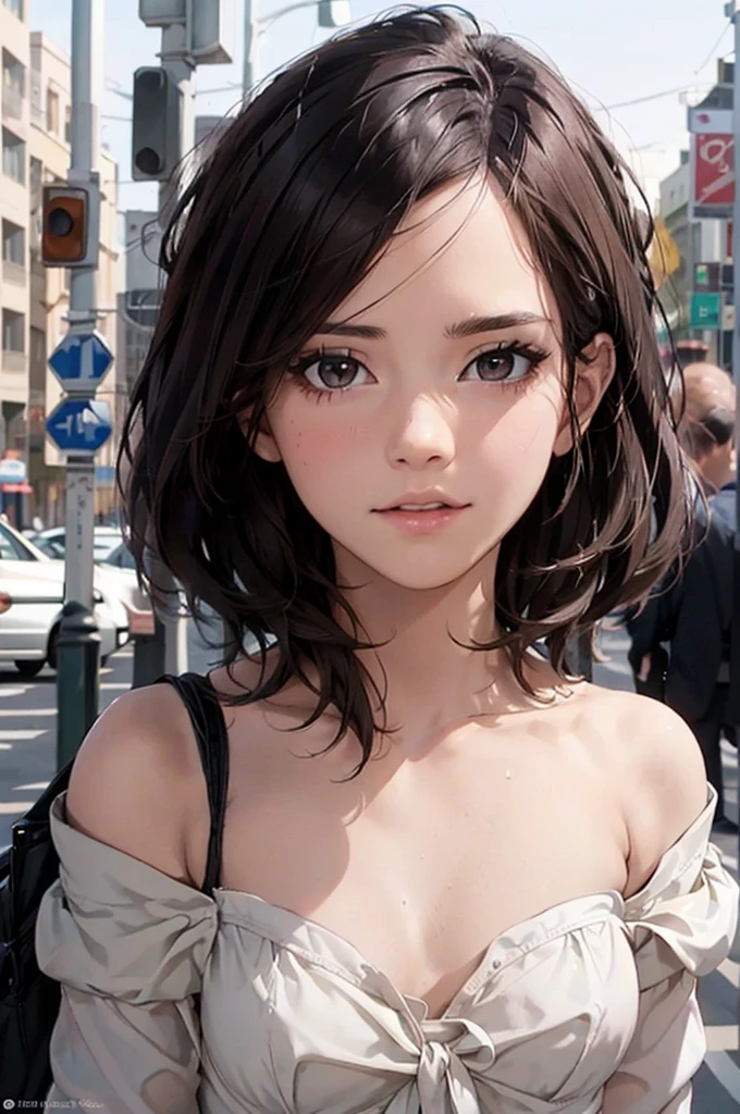 (Half Body Shot,Street lamp,moon),masterpiece, One girl, Solo Exhibitions, Beautiful woman on a busy street, Surrounded by peddlers, Beautiful Goddess Girl Portrait, Beautiful and elaborate face, Porcelain-like skin, (((Bust Shot, center, night, Black Hair, short hair)), Very soft lighting, Symmetric, complicated, grace, High detail, realism, art, concept art,