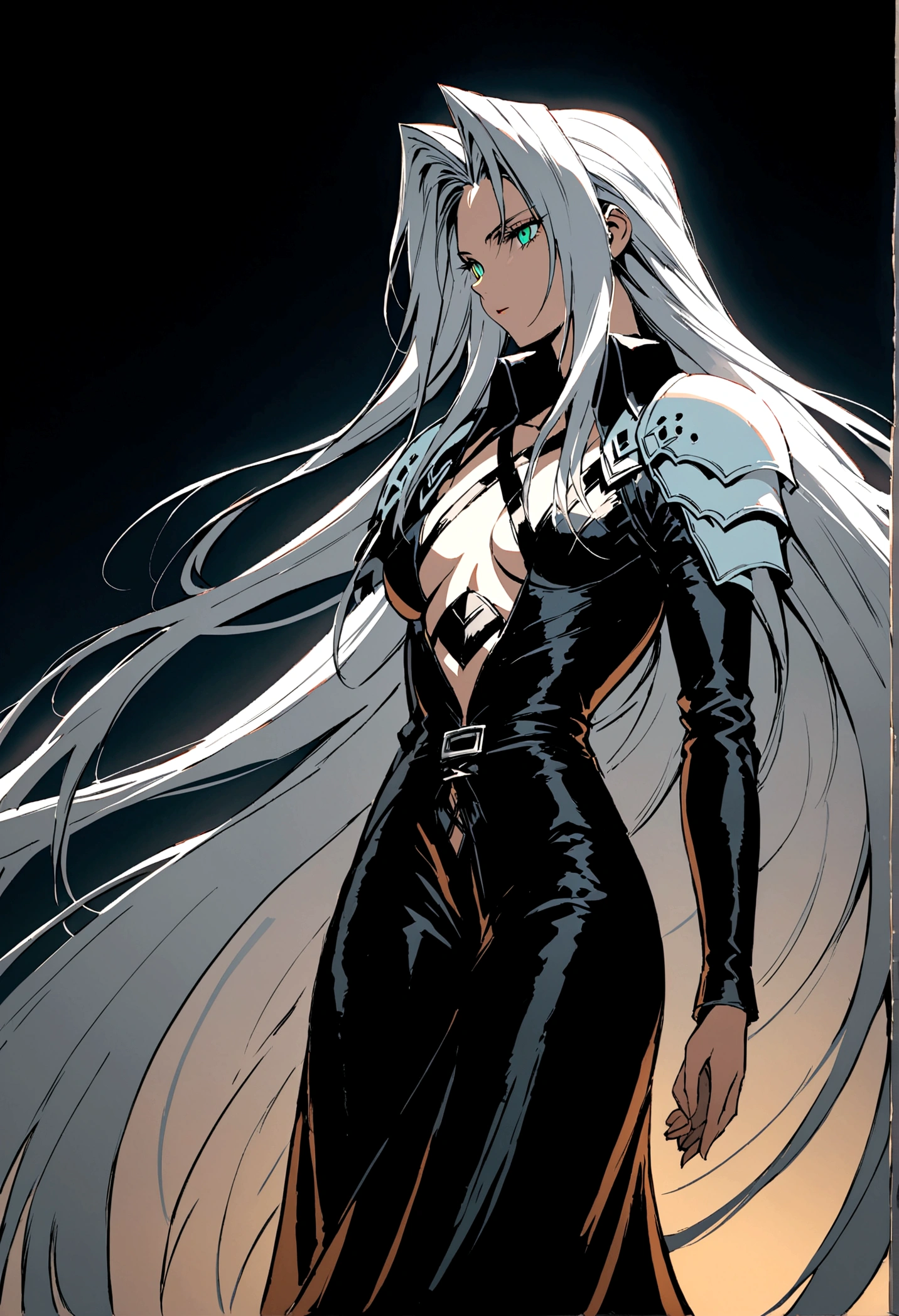 In the darkness, a woman's figure is illuminated by a circular light that frames her head, young female sephiroth, complete body, Caucasian skin, short body, perfect beautiful face,