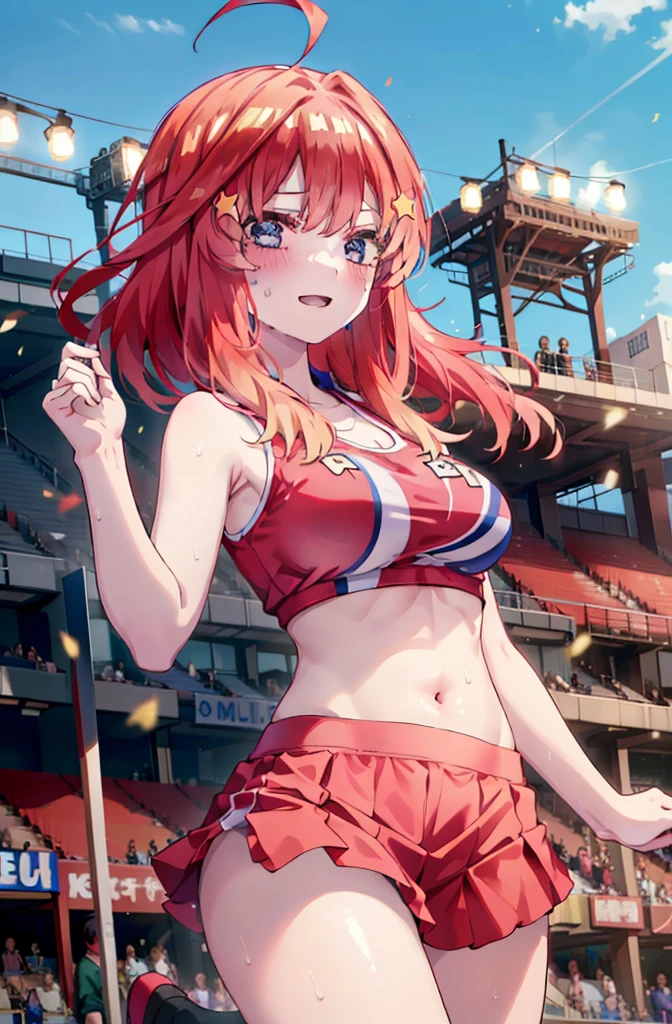 itsukinakano, Itsuki Nakano, bangs, blue eyes, hair between eyes, Ahoge, Redhead, star \(symbol\), happy smile, smile, Open your mouth,hair ornaments, star hair ornaments,(cheer leading), (whole body), Big Breasts, Lower, (Sweaty), Sweaty Wet Clothes (Red clothes),  No sleeve,Belly button support, playground, (Jump), (Jump), 足を曲げてJumpする, air, blue sky, Grass原, smileのチアリーダー, Pom-pom \(cheer leading\), Grass, whole bodyがイラストに入るように,crowd, people々々,
break outdoors, Stadium,
break looking at viewer, whole body,
break (masterpiece:1.2), Highest quality, High resolution, unity 8k wallpaper, (shape:0.8), (Fine and beautiful eyes:1.6), Highly detailed face, Perfect lighting, Highly detailed CG, (Perfect hands, Perfect Anatomy),