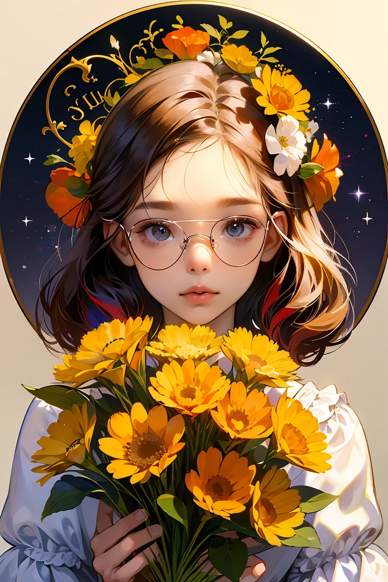 1fille, seulement, extremely detailed eyes, starfish, coquillage, coquilles, fleur, a, ornements de cheveux, bijoux, chapeau de paille, voir le spectateur, des lunettes de soleil, hatfleur, Paille, hairpin, EarAnneaus, Red fleur, Colored glasses, yellowfleur, frange, texte en anglais, Cheveux multicolores, orangefleur, cheveux noirs, Anneau, Ccup, cheveux longs, lunettes teintées orange, nourriture, cheveux bruns, portrait, ornement de cheveux en coquillage