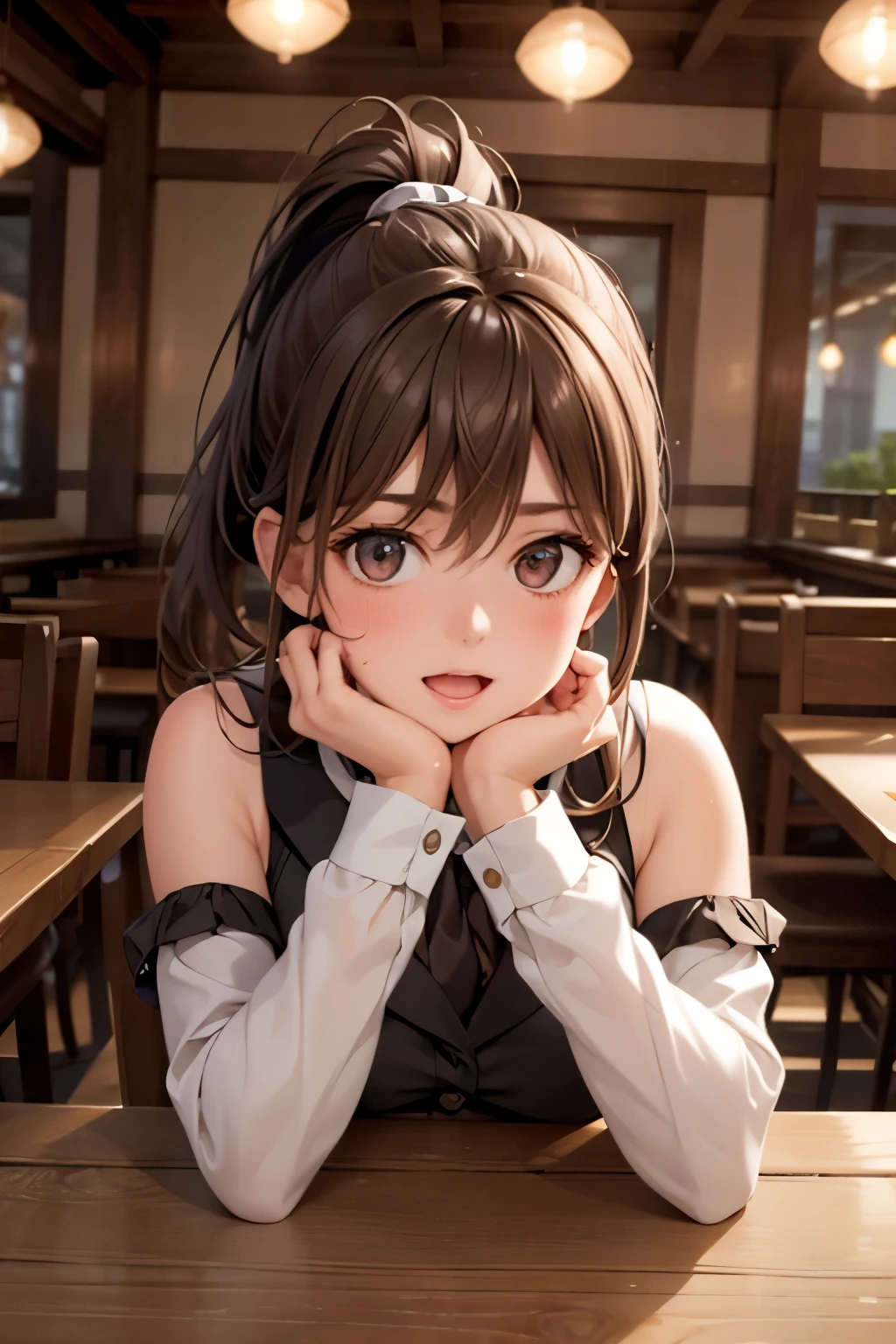a girl with short ponytail laying in the table in a restaurant wearing formal suit,  clear eye, perfect body,  (look down at the viewer:0.8), (pureerosface_v1:0.2), detached sleeves, open mouth, bangs, 1girl, shiny skin, (masterpiece;1.0), (photorealistic:1.4), (sharp focus:1.2), 