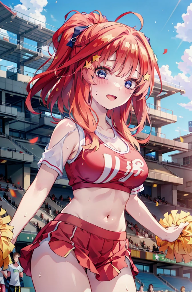 itsukinakano, Itsuki Nakano, bangs, blue eyes, hair between eyes, Ahoge, Redhead, star \(symbol\), happy smile, smile, Open your mouth,hair ornaments, star hair ornaments,(cheer leading), (whole body), Big Breasts, Lower, (Sweaty), Sweaty Wet Clothes (Red clothes),  No sleeve,Belly button support, playground, (Jump), (Jump), 足を曲げてJumpする, air, blue sky, Grass原, smileのチアリーダー, Pom-pom \(cheer leading\), Grass, whole bodyがイラストに入るように,crowd, people々々,
break outdoors, Stadium,
break looking at viewer, whole body,
break (masterpiece:1.2), Highest quality, High resolution, unity 8k wallpaper, (shape:0.8), (Fine and beautiful eyes:1.6), Highly detailed face, Perfect lighting, Highly detailed CG, (Perfect hands, Perfect Anatomy),