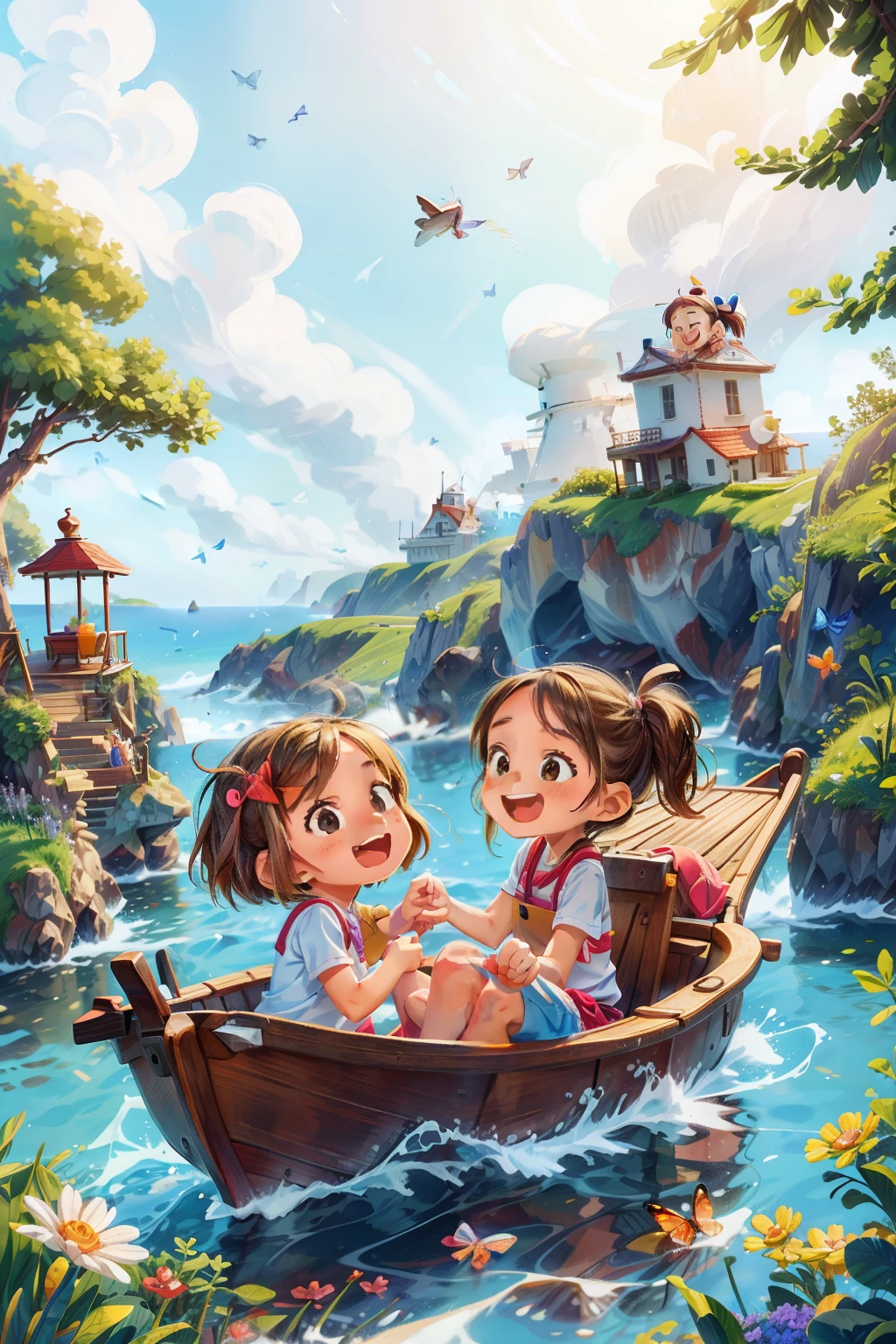 Создает изображение двух счастливых очень молодых девушек, плывущих на лодке., волны, море, небо с белыми облаками. Красочные бабочки, Маяк на заднем плане,