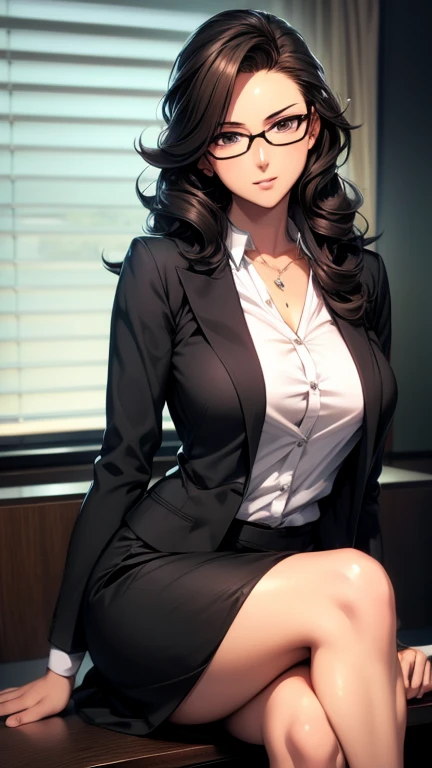 estilo anime semi-realista, una oficinista caliente con gafas, pelo largo y rizado, Camisa blanca, falda corta negra, sentado con las piernas cruzadas, 4k, alta definición, personaje muy detallado.