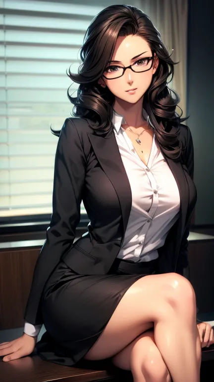 anime semi-realism style, a hot office lady wearing eye glasses, curly long hair, white shirt, black short skirt, sitting with c...