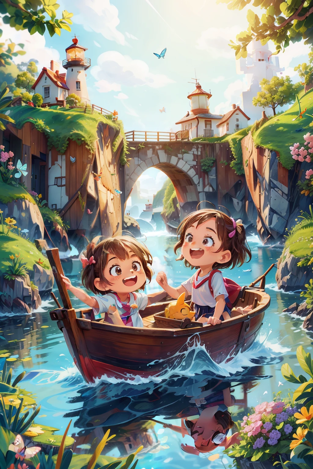 Génère une image de deux très jeunes filles heureuses naviguant sur un bateau, vagues, mer, ciel avec des nuages blancs. papillons colorés, phare en arrière-plan,