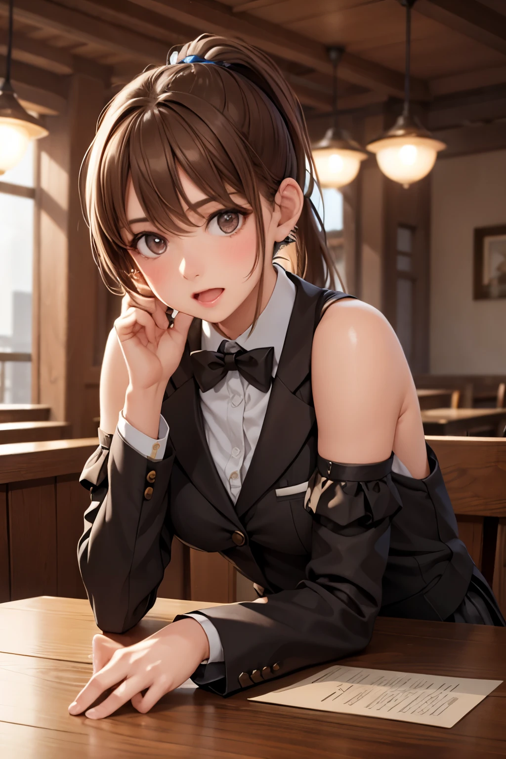 a girl with short ponytail laying in the table in a restaurant wearing formal suit,  clear eye, perfect body,  (look down at the viewer:0.8), (pureerosface_v1:0.2), detached sleeves, open mouth, bangs, 1girl, shiny skin, (masterpiece;1.0), (photorealistic:1.4), (sharp focus:1.2), 