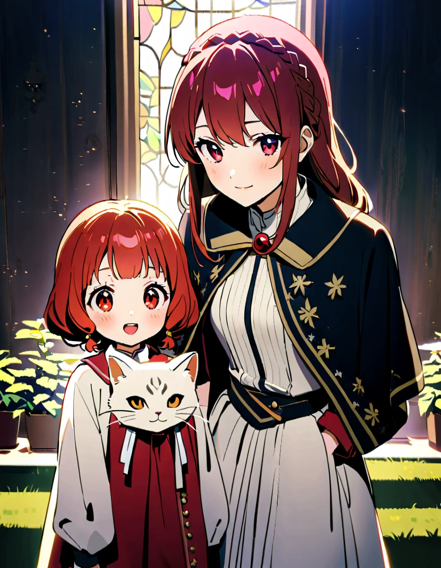 2人の女性\(かわいい,幼子,笑顔,浮いた髪,dark red hair colまたは,長い編み髪,dark red eye colまたは,大きな目,白い毛皮,赤いドレス,なれ,[チャット ear]) AND 2人の女性\((チャット:1.2),白い毛皮,チャットon\), 壊れる ,背景\(dehまたはs,壮大な庭園,フルール,複製された太陽光\), 壊れる ,品質\(8k,背景&#39;画面 d&#39;非常に精細なCGユニット, の頭&#39;アートワーク,高解像度,top-品質,top-品質 real texture skin,超リアル,解像度を上げる,写真野獣,meilleure 品質,非常に詳細,le 背景&#39;画面,映画照明,レイトレーシング,名前D&#39;または\)