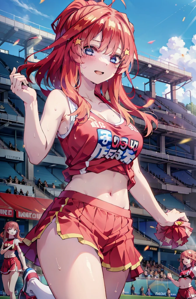 itsukinakano, Itsuki Nakano, bangs, blue eyes, hair between eyes, Ahoge, Redhead, star \(symbol\), happy smile, smile, Open your mouth,hair ornaments, star hair ornaments,(cheer leading), (whole body), Big Breasts, Lower, (Sweaty), Sweaty Wet Clothes (Red clothes),  No sleeve,Belly button support, playground, (Jump), (Jump), 足を曲げてJumpする, air, blue sky, Grass原, smileのチアリーダー, Pom-pom \(cheer leading\), Grass, whole bodyがイラストに入るように,crowd, people々々,
break outdoors, Stadium,
break looking at viewer, whole body,
break (masterpiece:1.2), Highest quality, High resolution, unity 8k wallpaper, (shape:0.8), (Fine and beautiful eyes:1.6), Highly detailed face, Perfect lighting, Highly detailed CG, (Perfect hands, Perfect Anatomy),