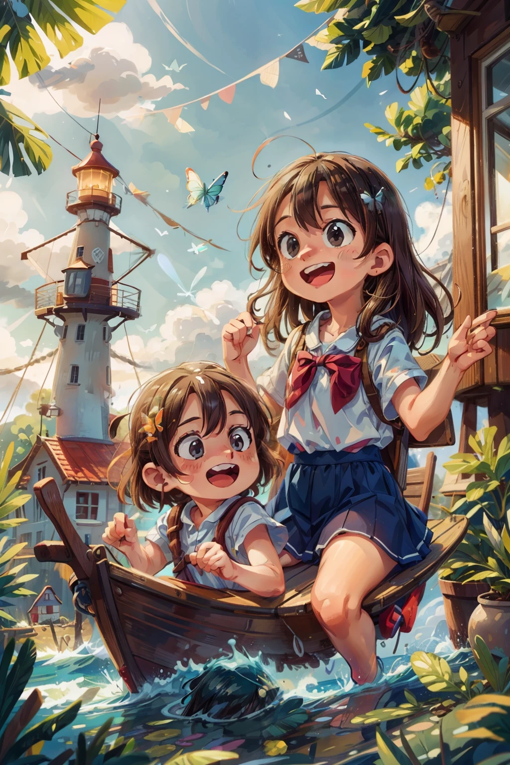 Создает изображение двух счастливых очень молодых девушек, плывущих на лодке., волны, море, небо с белыми облаками. Красочные бабочки, маяк на заднем плане,