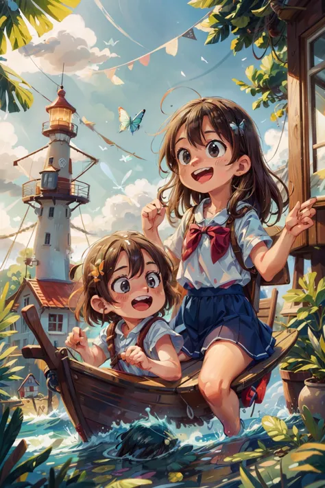 generates an image of two happy  very young girls sailing on a boat, waves, sea, sky with white clouds. colorful butterflies, li...