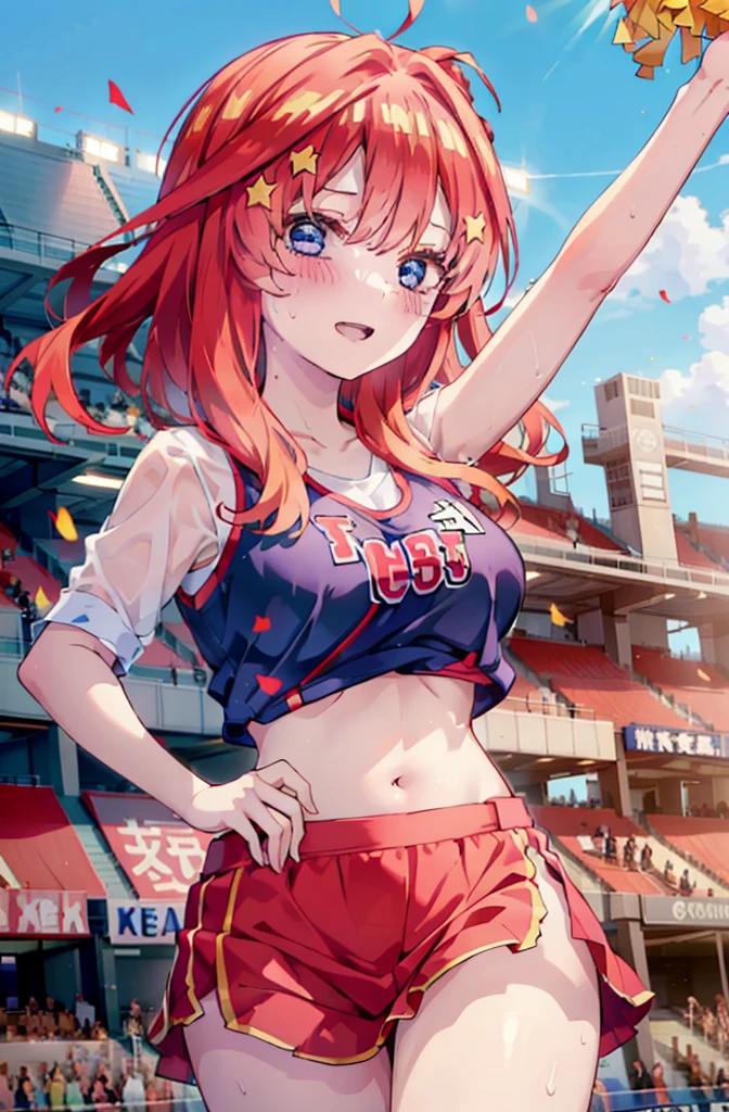 itsukinakano, Itsuki Nakano, bangs, blue eyes, hair between eyes, Ahoge, Redhead, star \(symbol\), happy smile, smile, Open your mouth,hair ornaments, star hair ornaments,(cheer leading), (whole body), Big Breasts, Lower, (Sweaty), Sweaty Wet Clothes (Red clothes),  No sleeve,Belly button support, playground, (Jump), (Jump), 足を曲げてJumpする, air, blue sky, Grass原, smileのチアリーダー, Pom-pom \(cheer leading\), Grass, whole bodyがイラストに入るように,crowd, people々々,
break outdoors, Stadium,
break looking at viewer, whole body,
break (masterpiece:1.2), Highest quality, High resolution, unity 8k wallpaper, (shape:0.8), (Fine and beautiful eyes:1.6), Highly detailed face, Perfect lighting, Highly detailed CG, (Perfect hands, Perfect Anatomy),